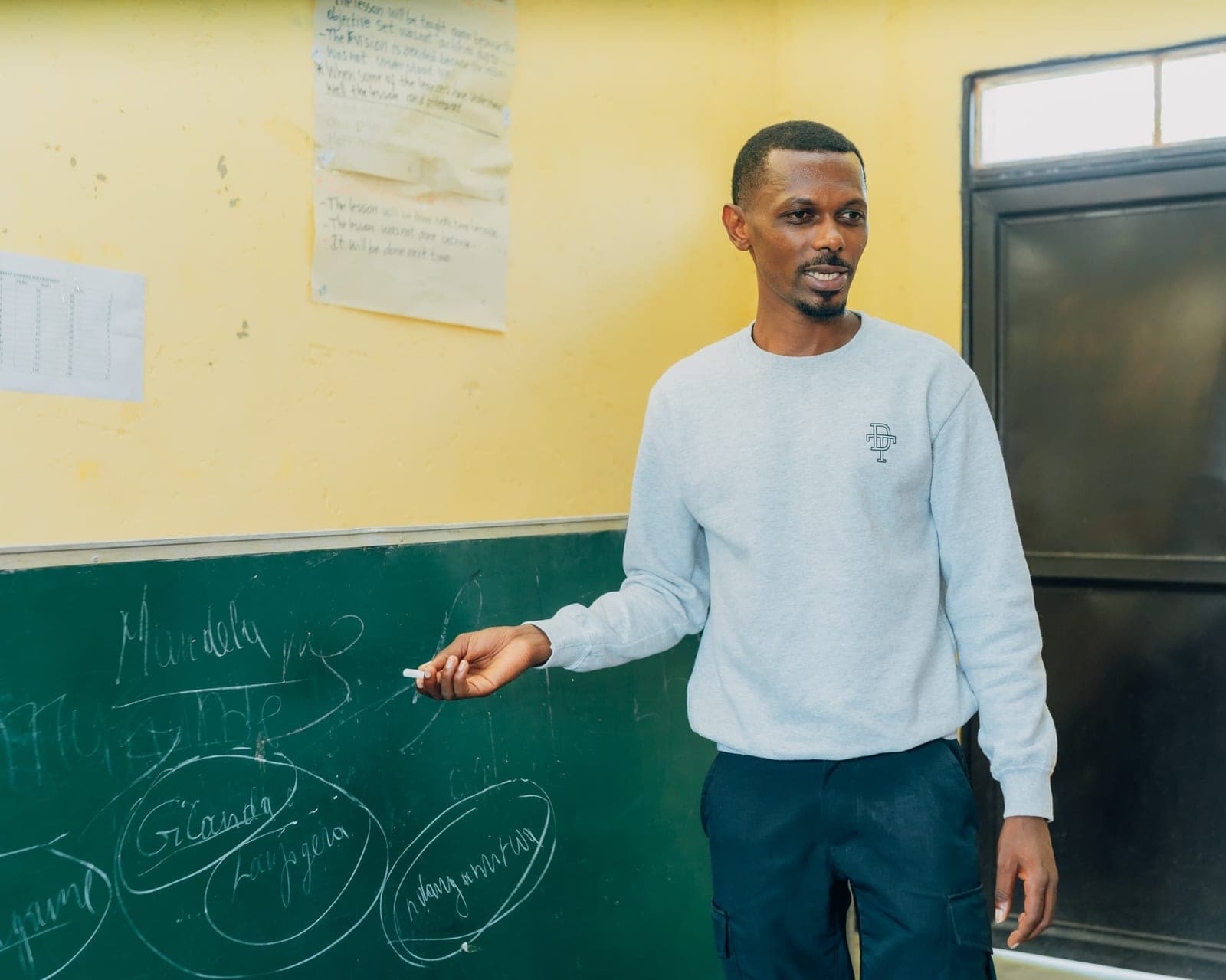 Teaching a lesson at the chalkboard in a classroom